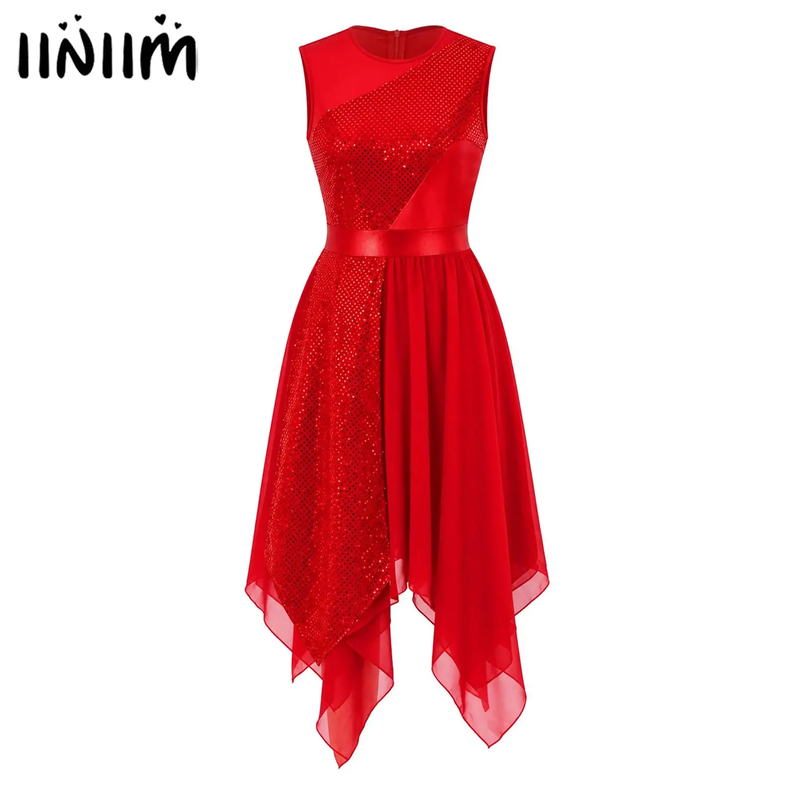 Womens Liturgical Praise Worship Costume Contemporary Modern Dance Tunic Dress Metallic Sequins Irregular Chiffon Hem Dress