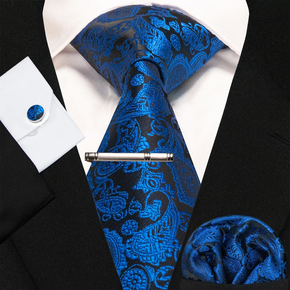 Blue Green Paisley Neck Ties For Men Luxury 8cm Wide Silk Wed Tie Pocket Square Cufflinks Tie Clips Set Christmas Gifts For Men