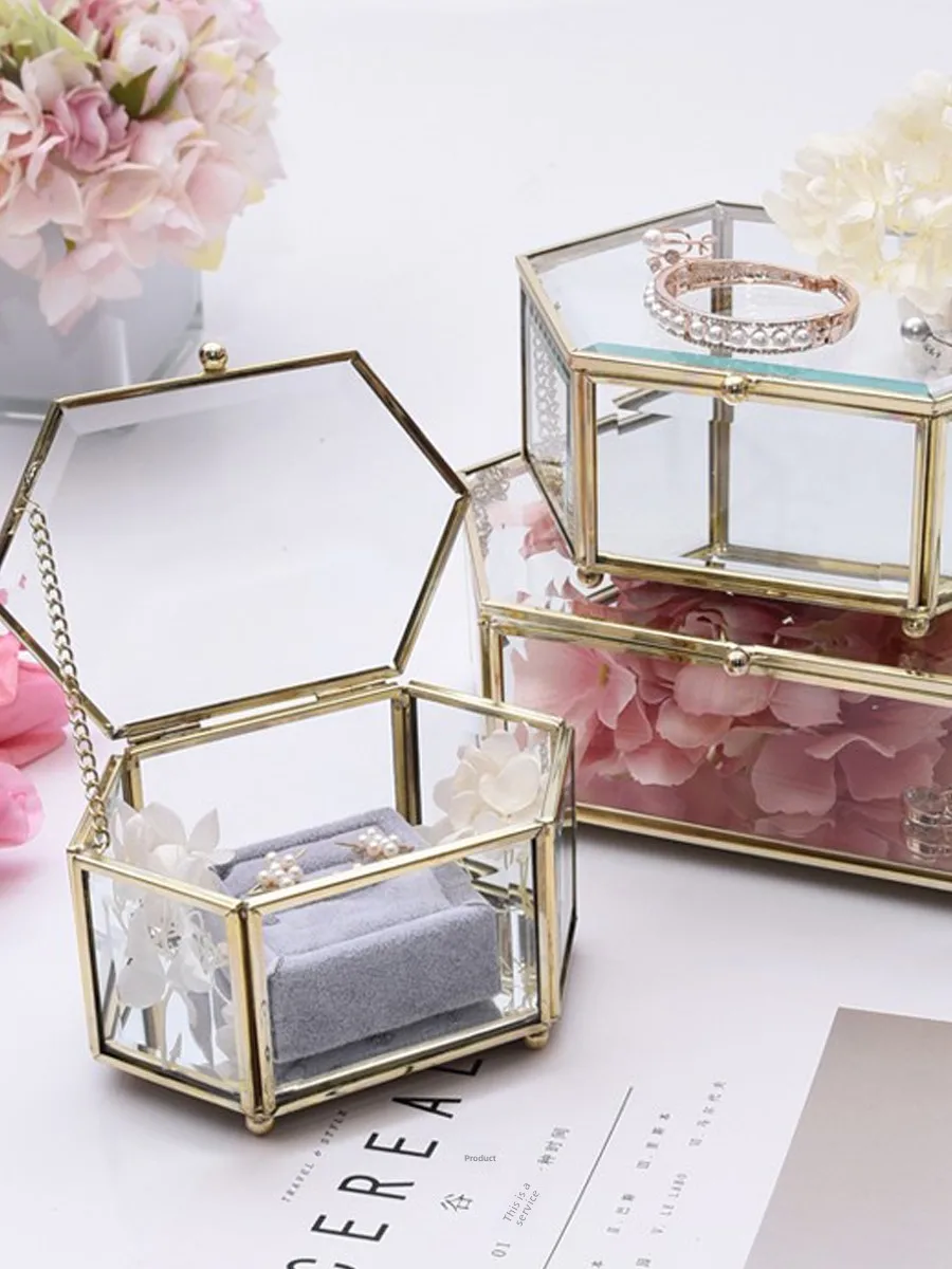 

Retro Glass Cosmetic Jewelry Ring Storage Box Eternal Flower Decorative Box Ins Sle Decorative Accories Display Case
