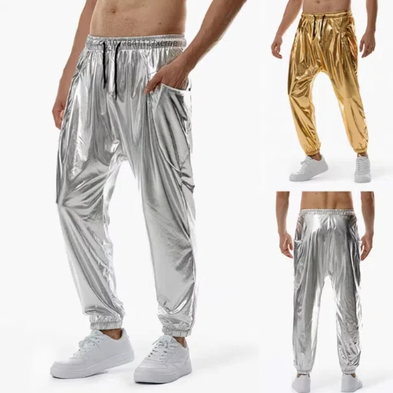 新しいジャズダンスパンツメンズメタル明るい色ジョギングスポーツルーズパンツ男性のステージジャズダンスパフォーマンス衣装