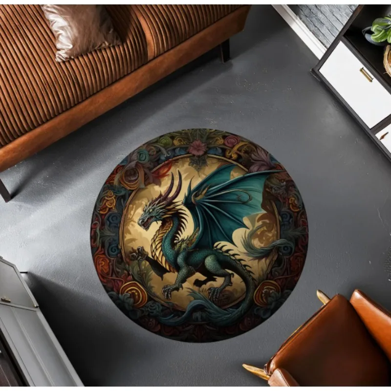 Floral Dragon Rug Fantasy Inspired Round Rug Dark Academic School Magical Dragon Aesthetic Decor Minimalist Rug for Living Room