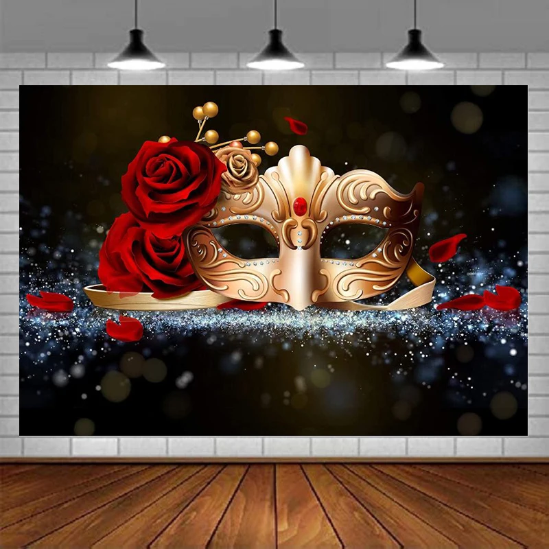 Golden Mask Red Rose Photography Backdrop For Masquerade Theme Party Decoration Photo Background Banner Poster