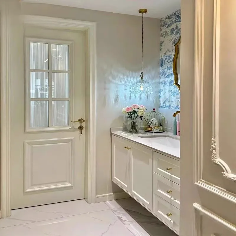 Armoire de salle de bain style crème rétro français, combinaison de lavabo en bois massif