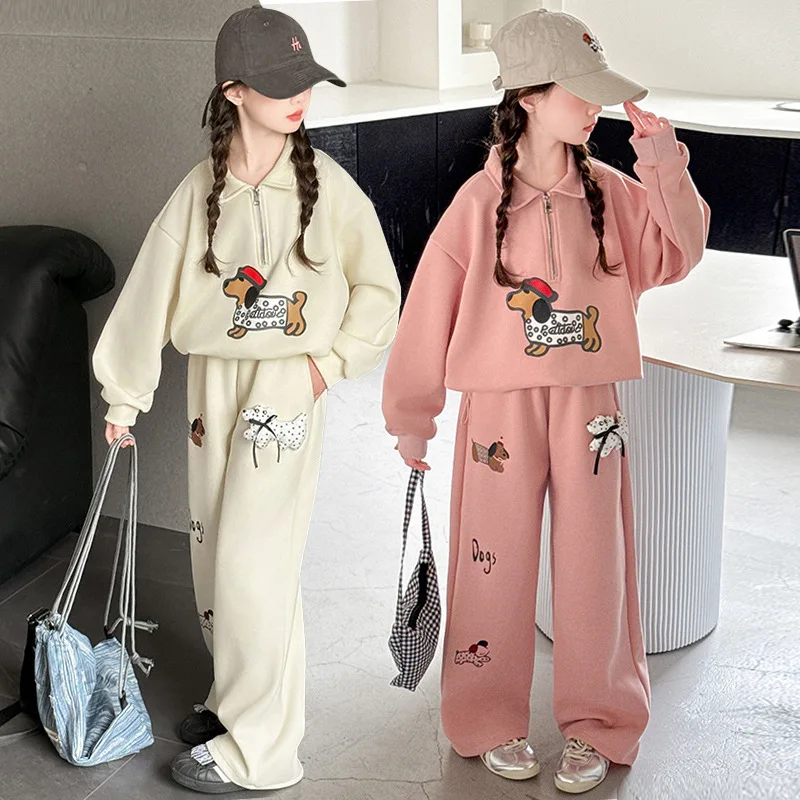 

Autumn Kids Girl Sport Set Cartoon Printed Long Sleeves Baby Girls Two-piece Set Turn Down Collar Sweatshirt+Loose Sweatpant Set