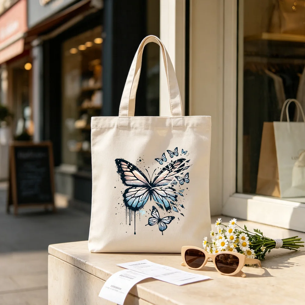Watercolor Butterfly Canvas Tote Bag Artistic Ink Drip Print Reusable Shopping Shoulder Bag Handbag Gift for Women Girls.