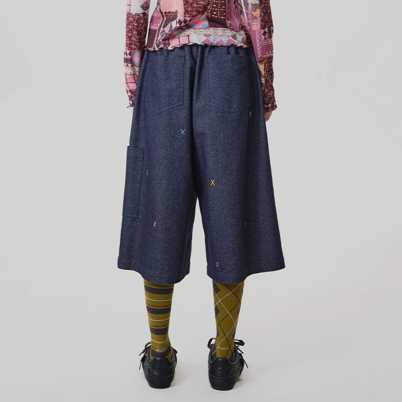 MOVEUP Eight Quarter Pants Elastic Back Waist Colorful Stitch Embroidery Side Cargo Pockets Casual Straight-leg Pants 3ELQ20129