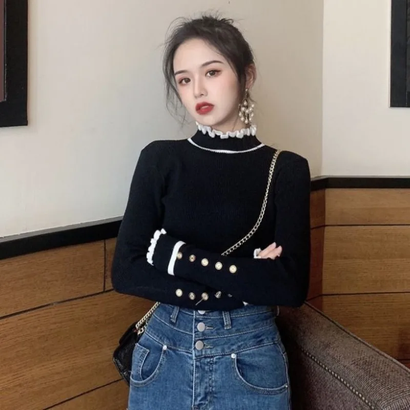 Vintage Panelled Pullovers Women Basic Knitted Mock Neck Ruffles Chic Slim Autumn Winter Sweet Flare Sleeve New Slouchy Female