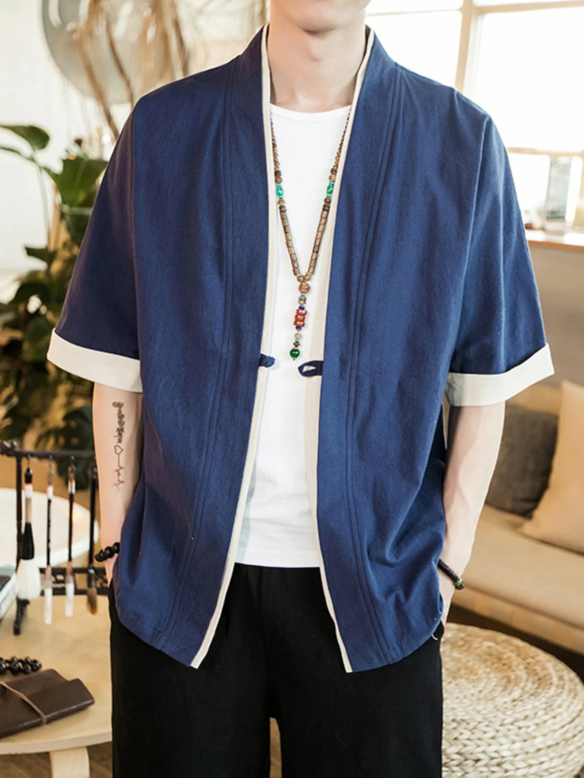 

Легкий хлопково-льняной мужской летний халат-роба для медитации, тонкий, с V-образным вырезом, на одной пуговице, однотонный, повседневный, свободного кроя