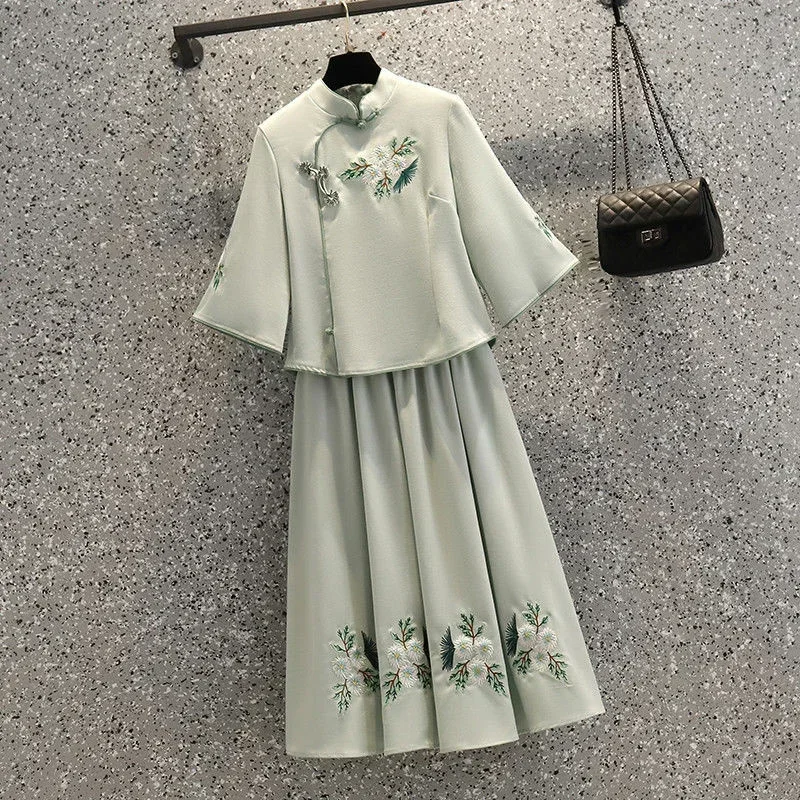 فستان نسائي كبير الحجم Hanfu محسن ، طراز صيني ، بلوزة ضيقة ، مجموعة تنورة مطرزة ، فستان أخضر عتيق ، ربيع ، صيف ، جديد