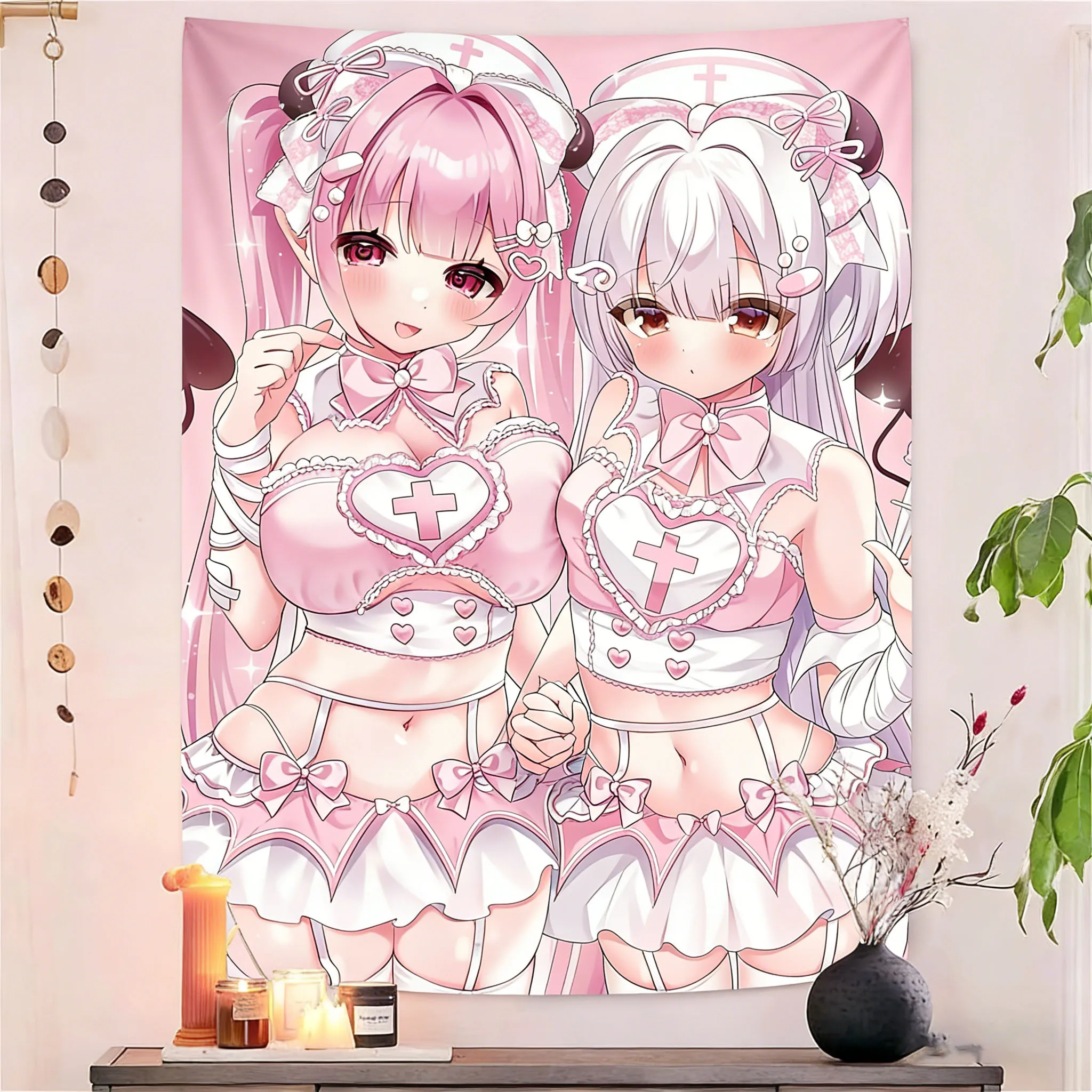 Rosa Double Girl Illustration Wandteppich, Heimdekoration, Hintergrundtuch, Wandteppich, Geschenk für Fans und College-Geschenke für Anime-Fans
