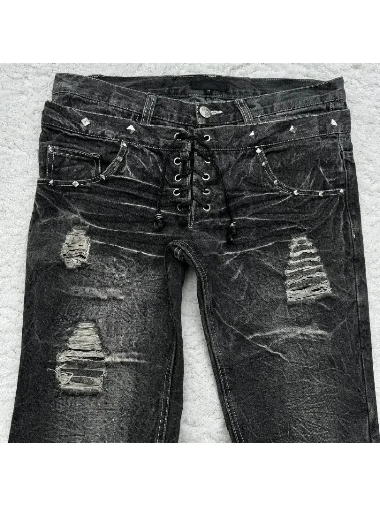 HOUZHOU Vintage Double Waisted Lace Up Micro Women Flared Jeans Y2K Washed Wide Leg American Style Denim Pants Baggy Streetwear