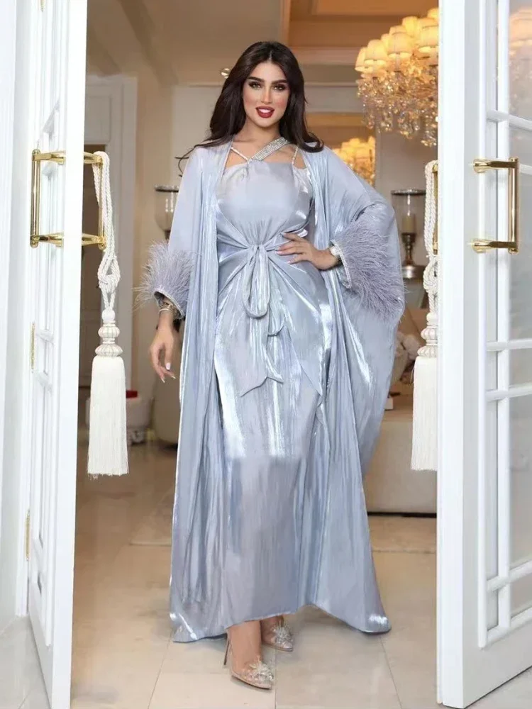 Morocco Muslim Dress 3 Piece Set Abaya Kaftans Feather Evening Dresses Women Dubai Turkey Islam Long Dress Robe Femme Vestidos