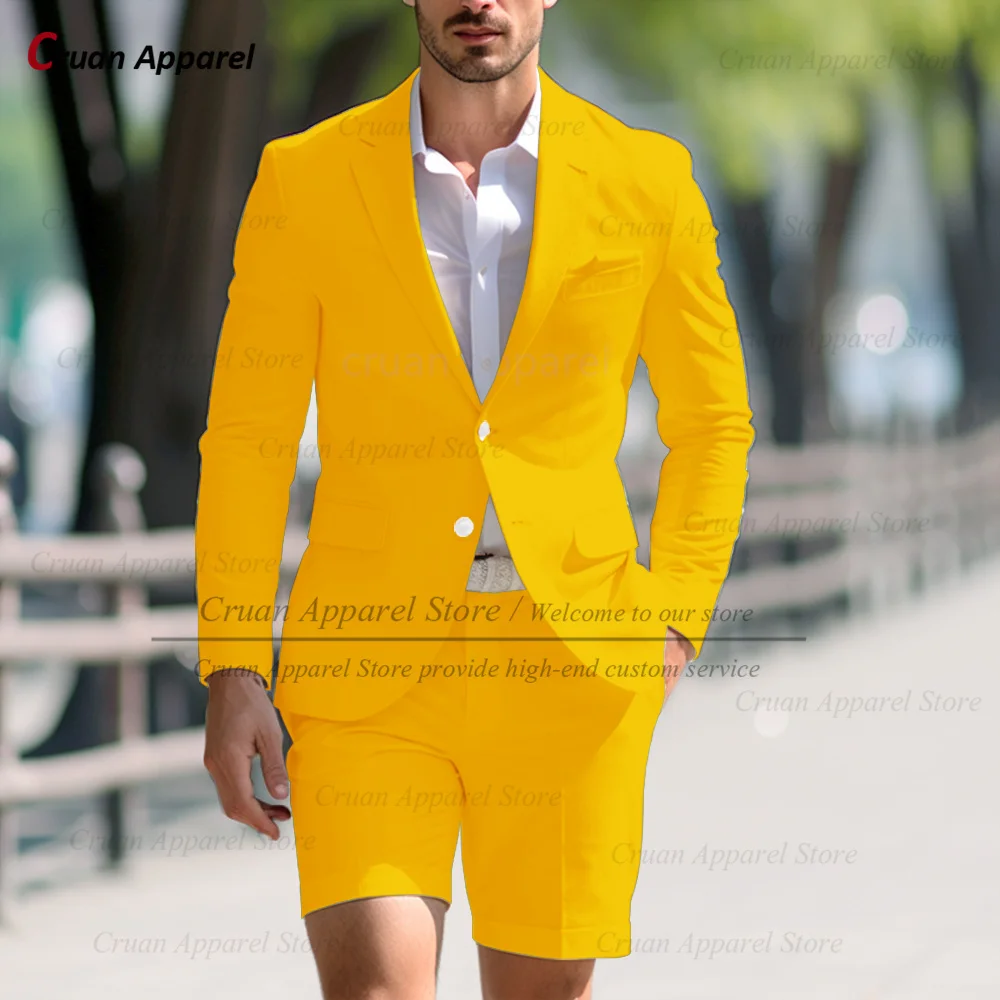 Classic Solid Suit Sets For Men Fashion Party Tailor-made Slim Fit Blazer Shorts 2 Pcs Wedding Banquet Groomsman Formal Outfits