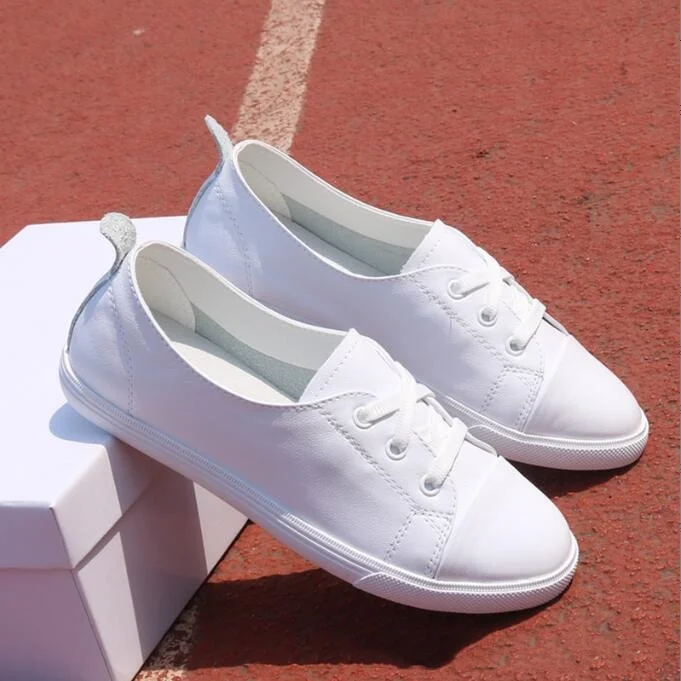 Women\'s Genuine Leather Sneakers Women Casual Fashionable Sports Shoes Vulcanized Woman Summer Flat Shoe White