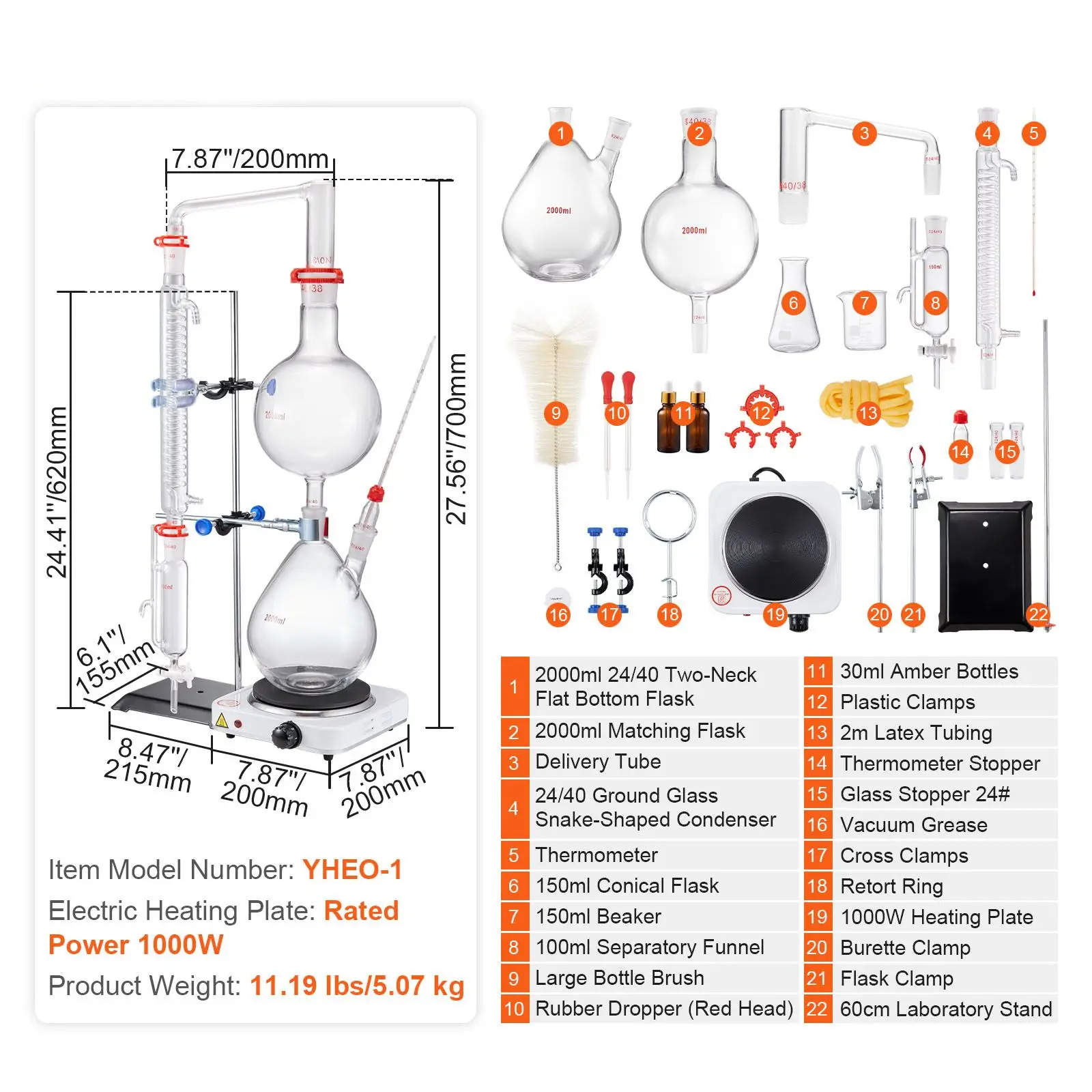 Essential Oil Distillation Kit, 2000ml Distillation Apparatus, 3.3 Boro Lab Glassware Distillation Kit with 1000W Heating Plate and 24, 40 Joint, 28 pcs Set