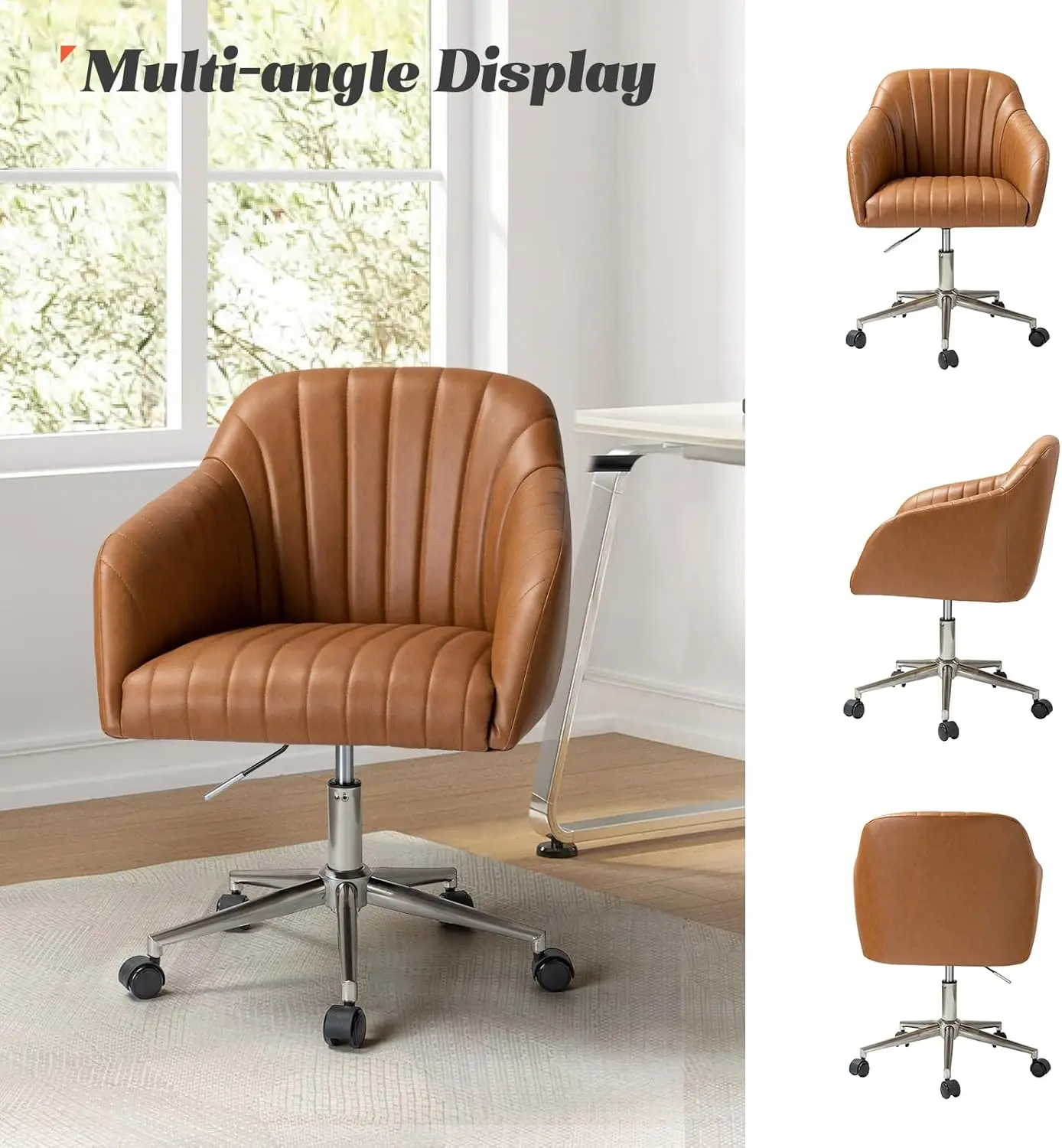 Stylish Camel Faux Leather Chair, 360° Swivel Desk Chair, Adjustable Height Metal Base, Modern College Chair - Study/Office