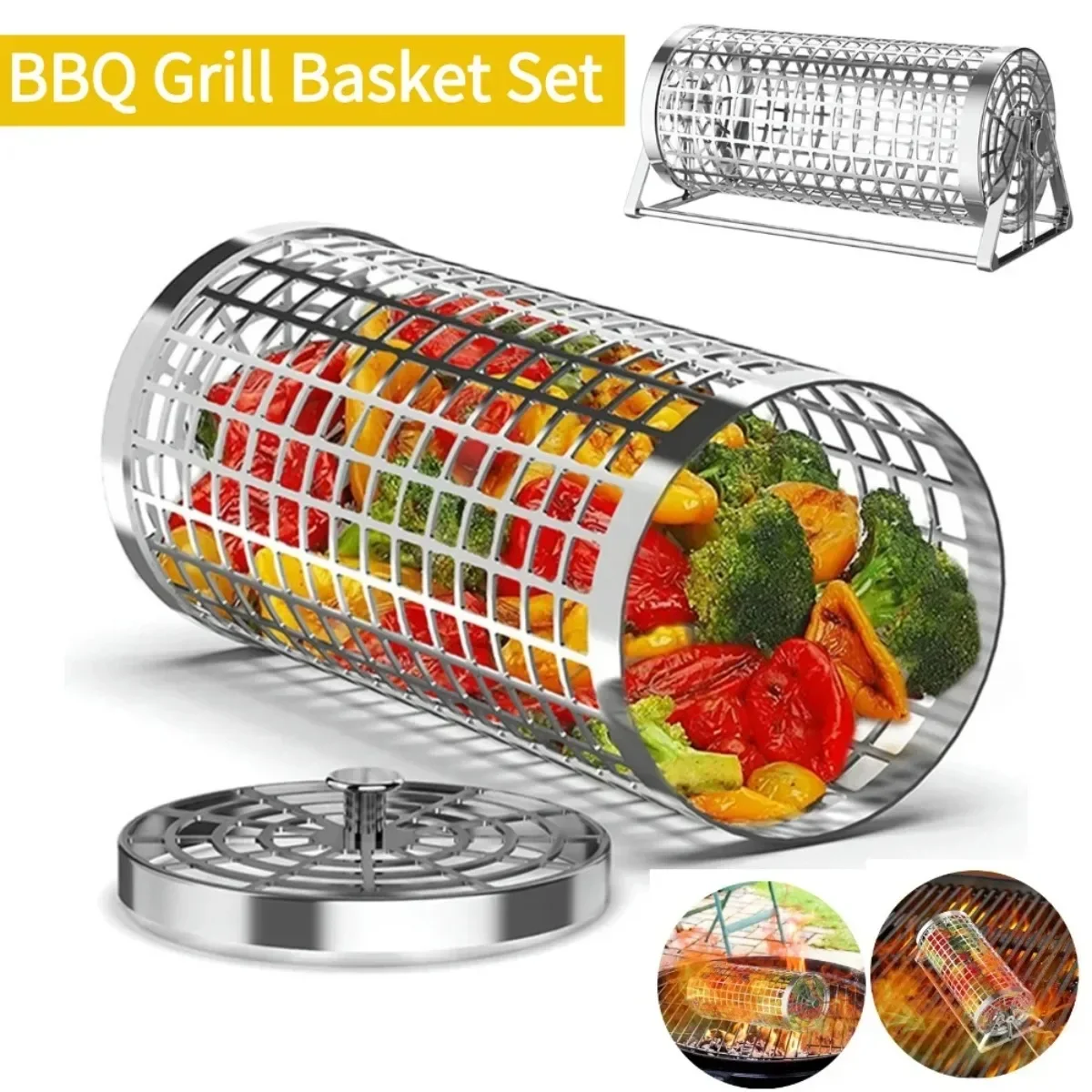 Rolling Grill Basket Round Stainless Steel Rotatable Portable Barbecue Mesh for Vegetables Fruits Meat Multi-role Grill Tools