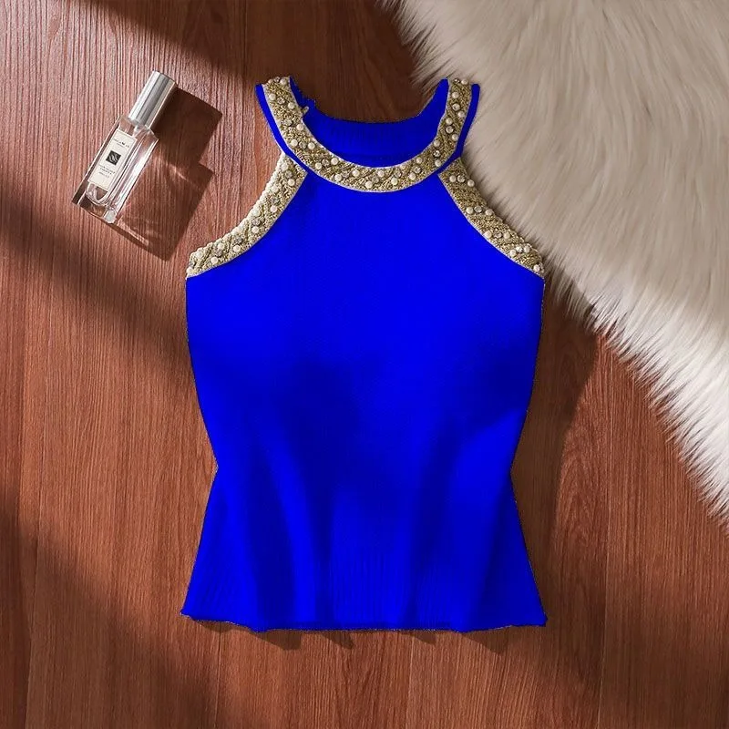Womens Summer Crochet Sleeveless Sweater Vest Round Neck Pearl Gold Korean Fashion Knit Tank Tops Casual Loose Cami Tops