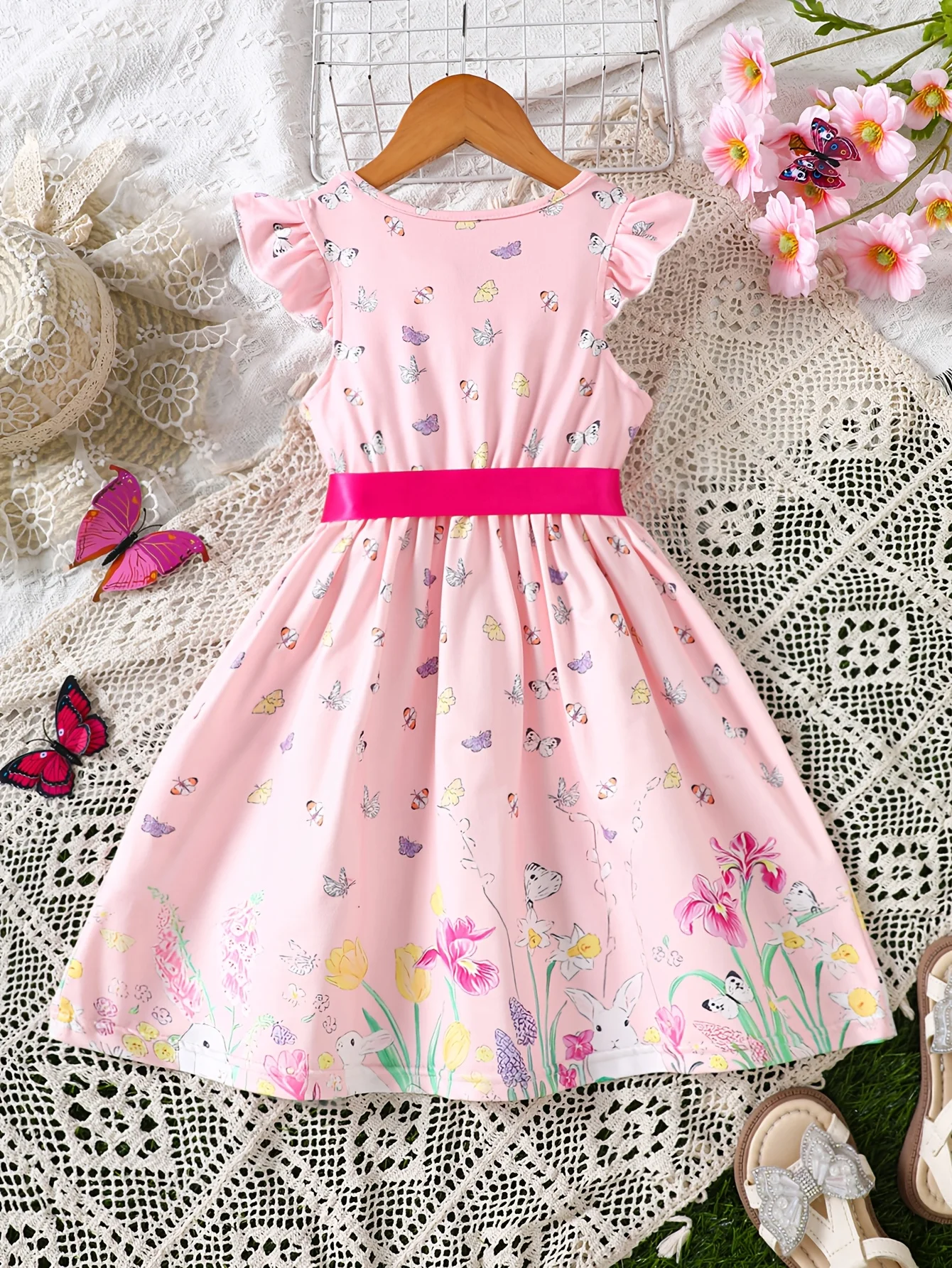 الفتيات الصيف عارضة أزياء متماسكة يطير كم كشكش فراشة الأرنب تحديد المواقع الطباعة الرقمية اللباس الأزهار الأرنب الشاطئ عطلة حزب هدية مع شريط من الساتان