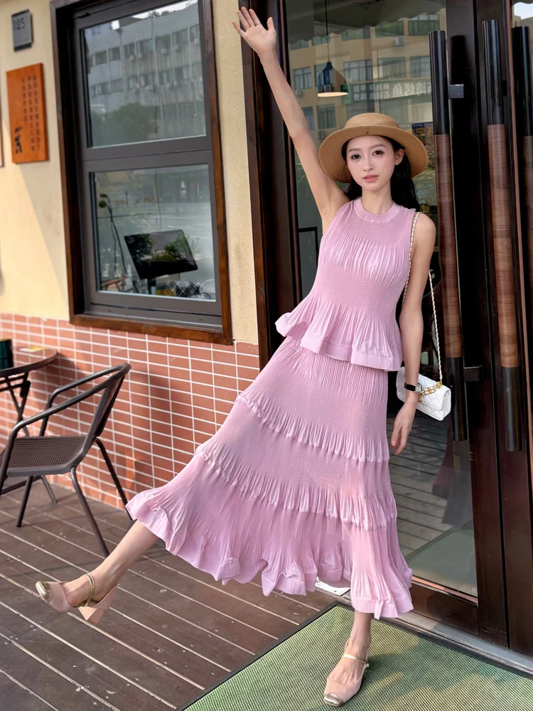 

Романтичная розовая плиссированная женская юбка-миди с многослойным дизайном, стройнящая, повседневная, из полиэстера, с низкой эластичностью, А-силуэт