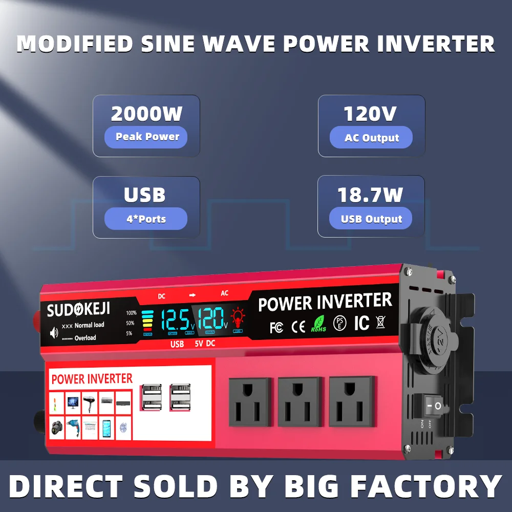 

1500 Вт 2000 Вт Modifie Wave Инвертор DC12V в AC110V Автомобильные аксессуары Преобразователь мощности для кемпинга АВТОМОБИЛЬ и автофургона с USB и американской вилкой
