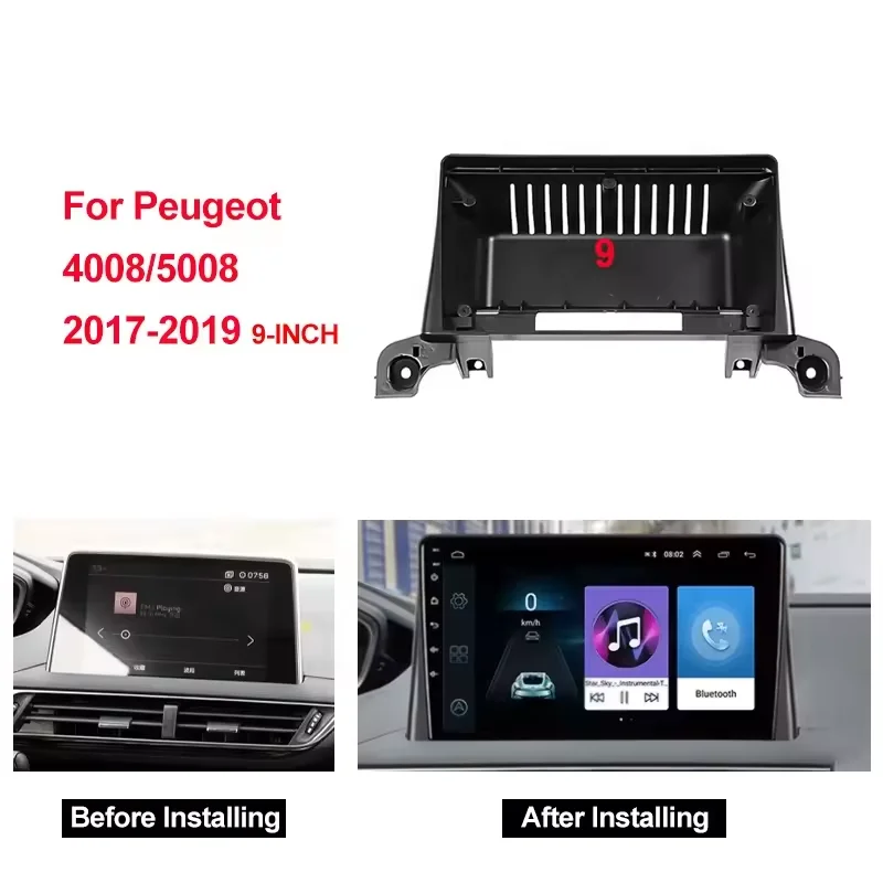 เฟรมเครื่องเล่นวิทยุรถยนต์ GPS มัลติมีเดียแอนดรอยด์9นิ้ว2 DIN สำหรับ Peugeot 5008 4008 2017-2019