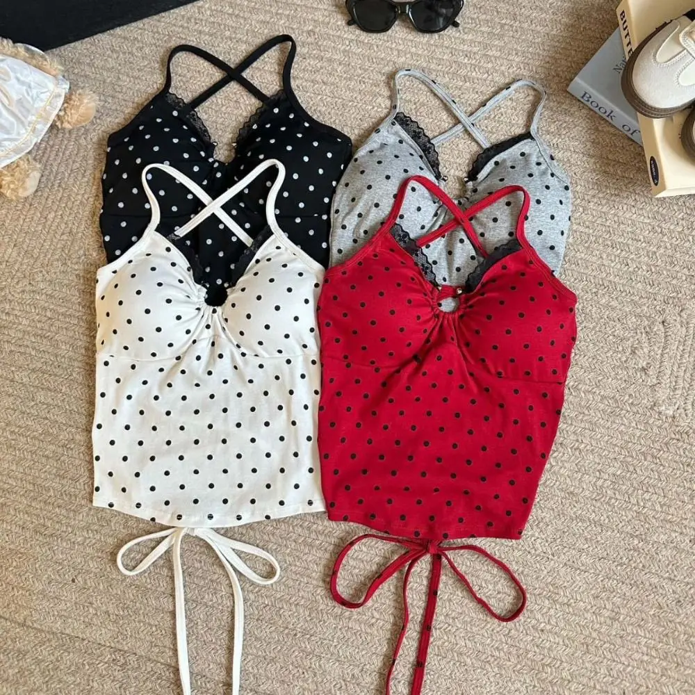 

Simple Dots Strap Skinny Vest Tops Sleeveless Beauty Back Bra with Pads Camisole Streetwear Tank Lace-up Camisole Party