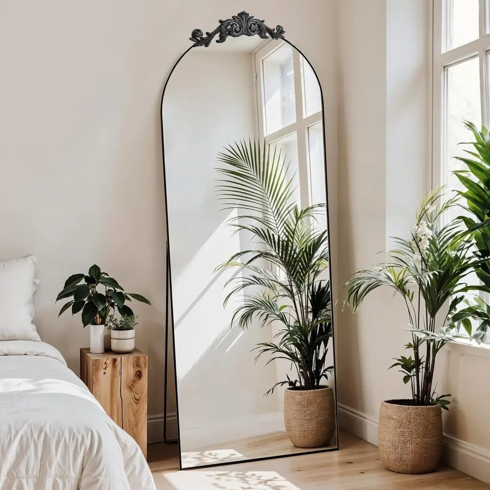 Espelho de comprimento total com arco grande estilo barroco vintage, 65x24 independente com tampo esculpido, acabamento antigo, estrutura totalmente de metal, Ful