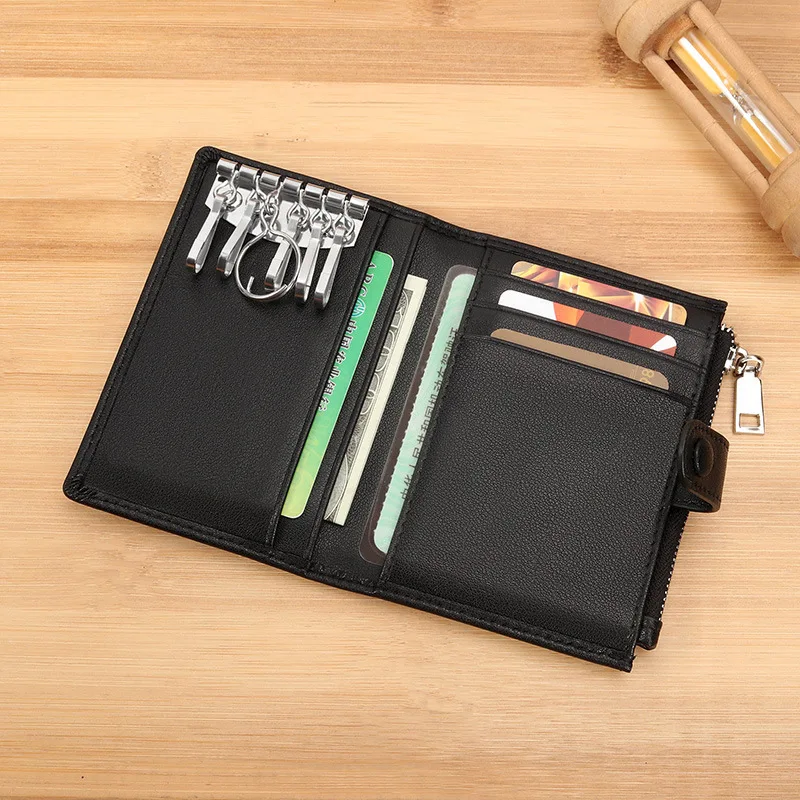 Slim Wallet Voor Mannen Echt Leer Sleutel Organizer Kaarthouder Sleutelhanger Sleutel Portemonnee Korte Kleine Mannelijke Koppeling Met Rits Munt pouch