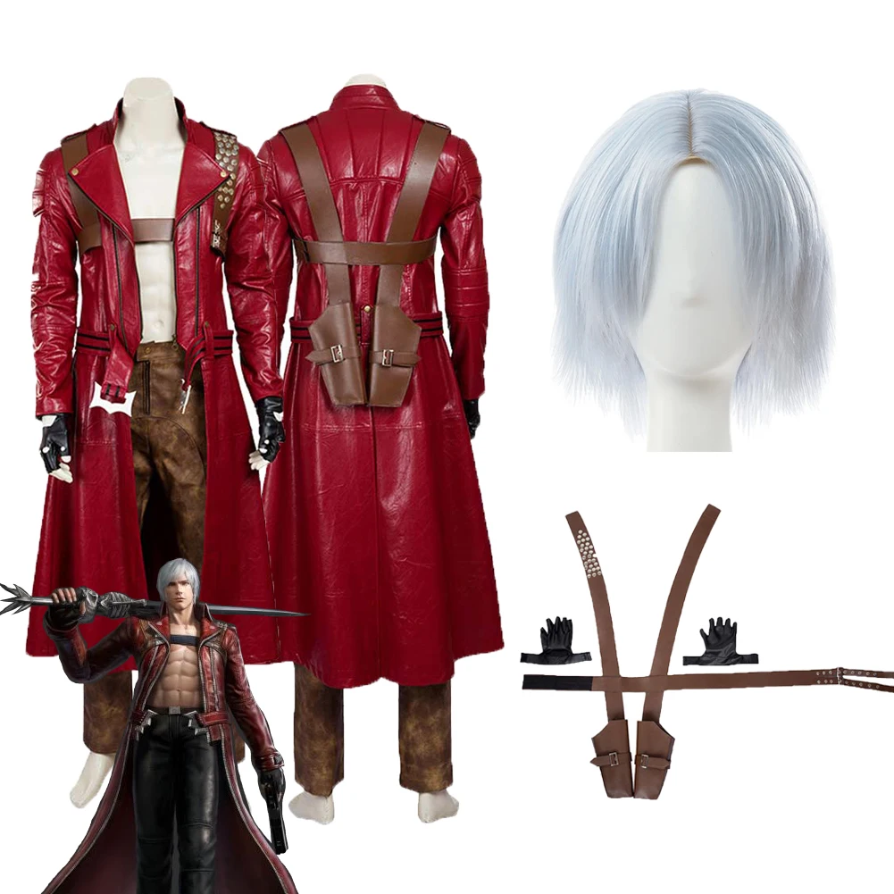 DMC Game Dante Cosplay Traje para Homens, Casaco Vermelho, Luvas, Peruca Acessórios, Dia das Bruxas, Fato de Carnaval, Representação Masculina, Roupas, Adulto