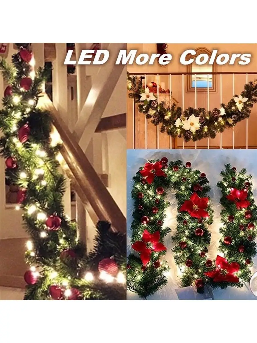 

2.7M Christmas LED Rattan Garland Decorative Artificial Flower Pine Tree Ornament Xmas Party Home Fireplace Door Stairs Decor