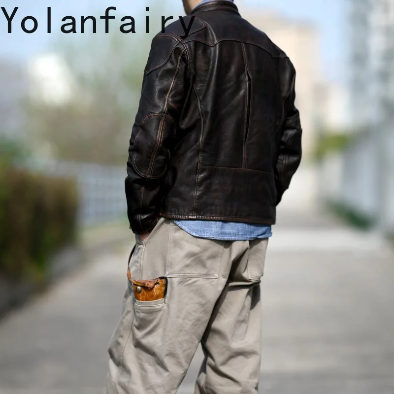 YOLANFAIRY Genuine Leather Jacket Men Vintage Color Rubbed Distressed Vegetable Tanned Cowhide about 1.1mm Thick Leather Coat