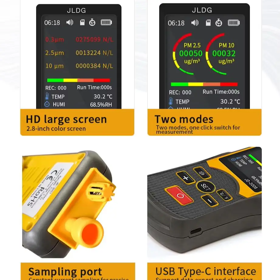 JD3005 5-Channel Laser Particle Counter PM2.5 PM10 Air Quality Monitor Cleanroom Tester  Portable Airborne Dust Detector