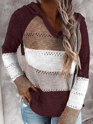 2024 New Hooded Women's  Sweater Fall Winter V-neck Pullover casual fashion striped sweaters Long Sleeve Tops