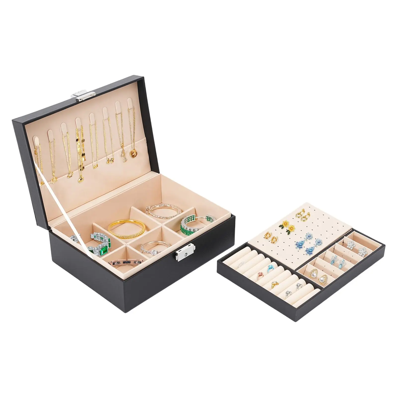 

2-Layer Jewelry Box, Women's Jewelry Box with Retractable Tray and Detachable Divider for Storing Rings, Earrings, Bracelets, Brooches
