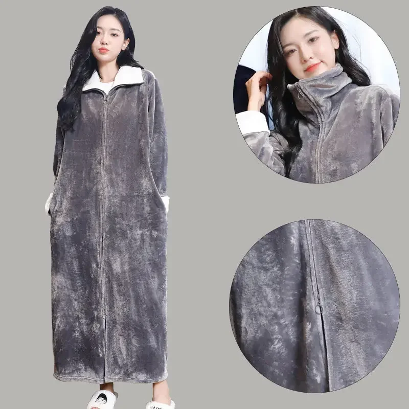 Soft Autumn Winter Warm Pajamas Nightgowns Thicken Coral Velvet Home Wear Bathrobe One-piece Home Sleepwear Robes for Women Men