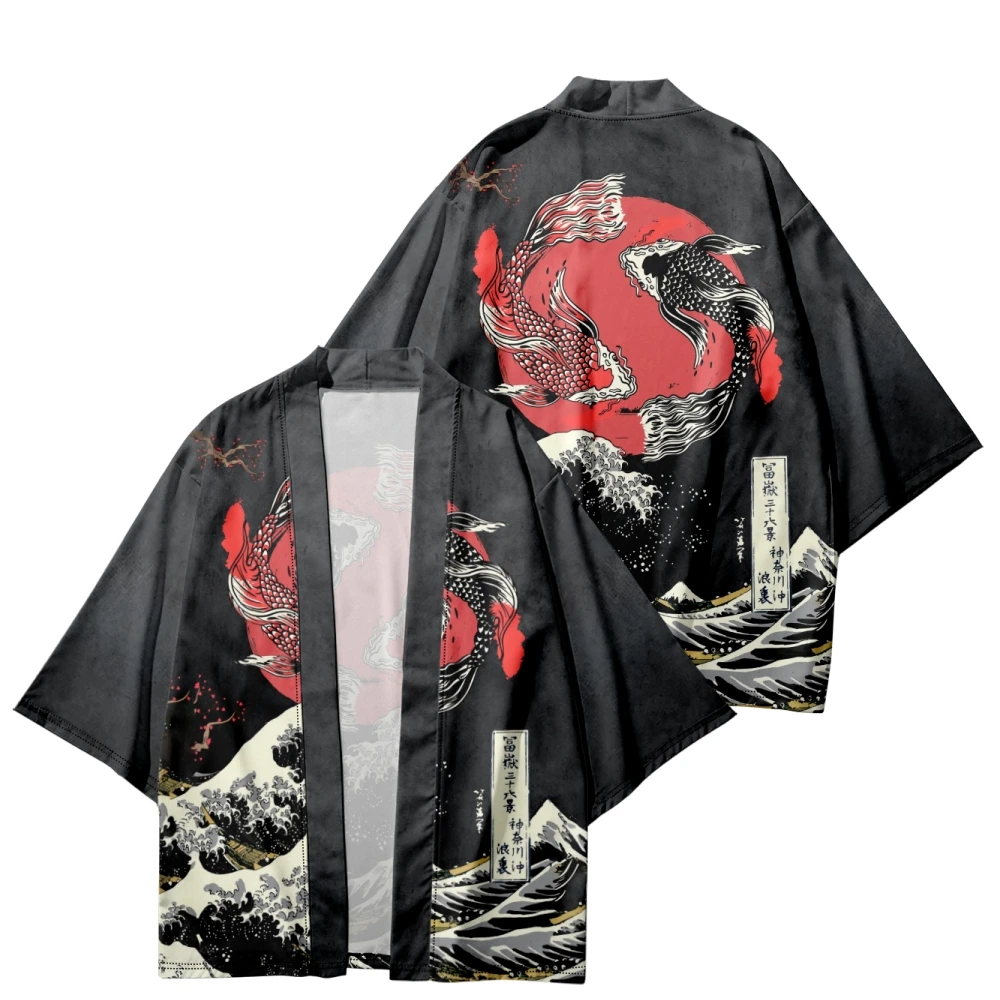 Carp Spray Print Men's And Women's Cardigans Kimono Cosplay Haori Waves Yukata Tops Beach Japanese Style Oversized Robe Clothes