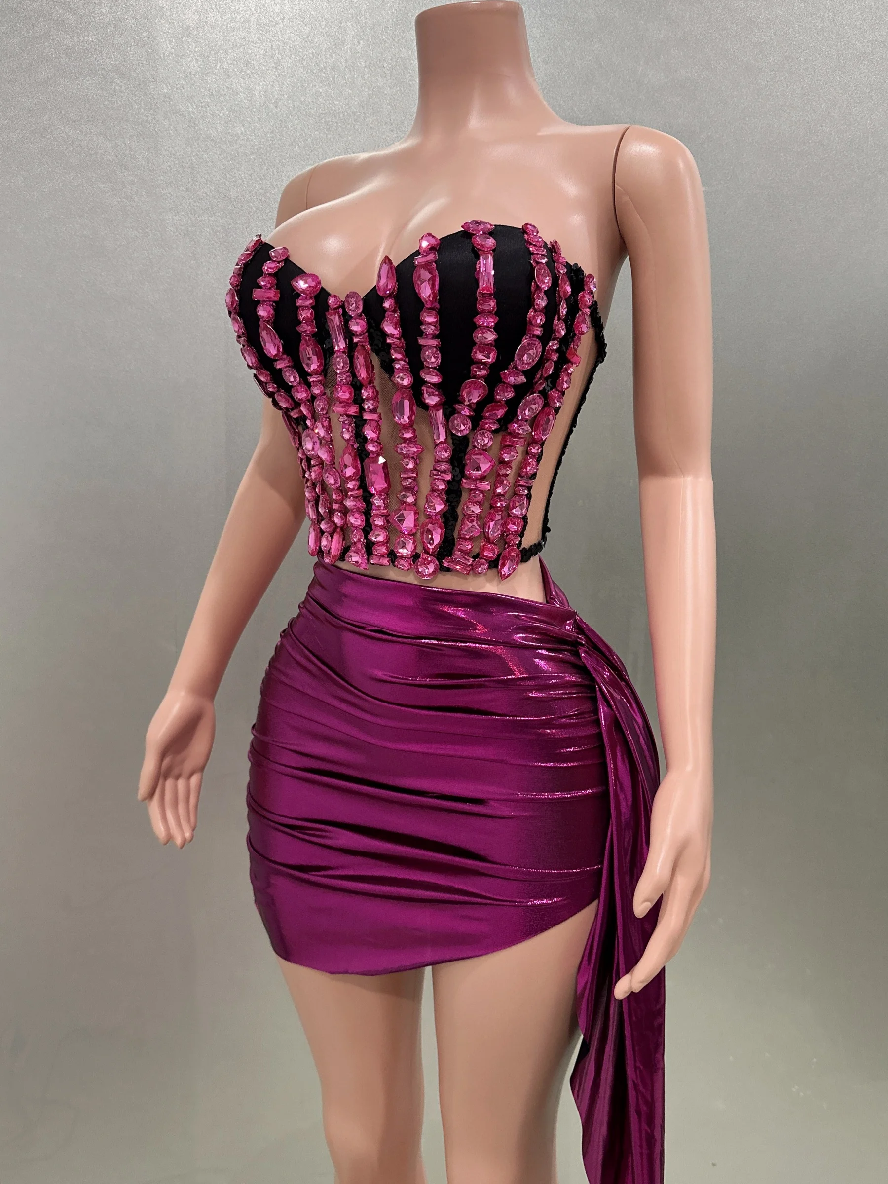 Sexy Strapless Sheath 2 Piece Set Evening Party Dress Bar Nightclub Singer Dancer Stage Wear