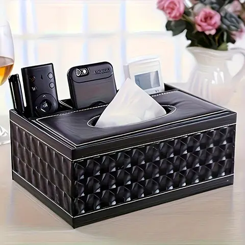 Elegant Faux Leather Tissue Box Cover with Remote Holder - Stylish Living Room Decor, Desktop Storage Organizer