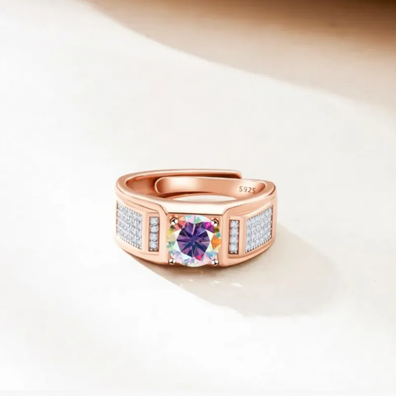 

Jellystory 1ct Moissanite S925 Silver Men's Adjustable Open Ring Wedding Engagement Promise Band Boyfriend Couple Gift