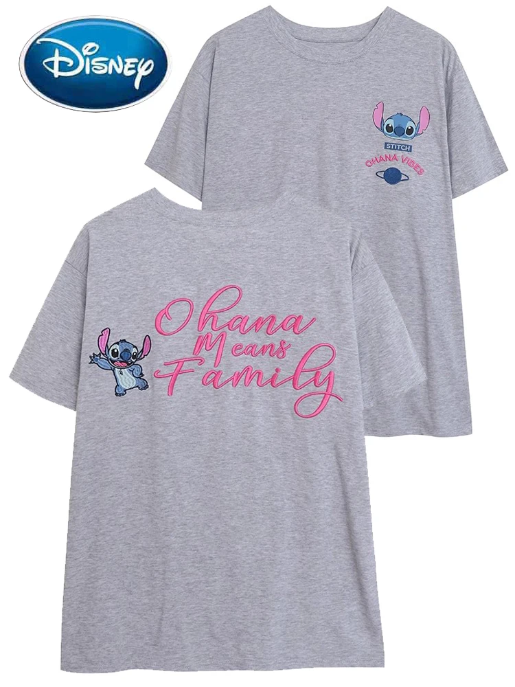 

Футболка женская с вышивкой, Модный пуловер с коротким рукавом и круглым вырезом, с мультяшным принтом, с диснеевским стичем и маленьким монстром