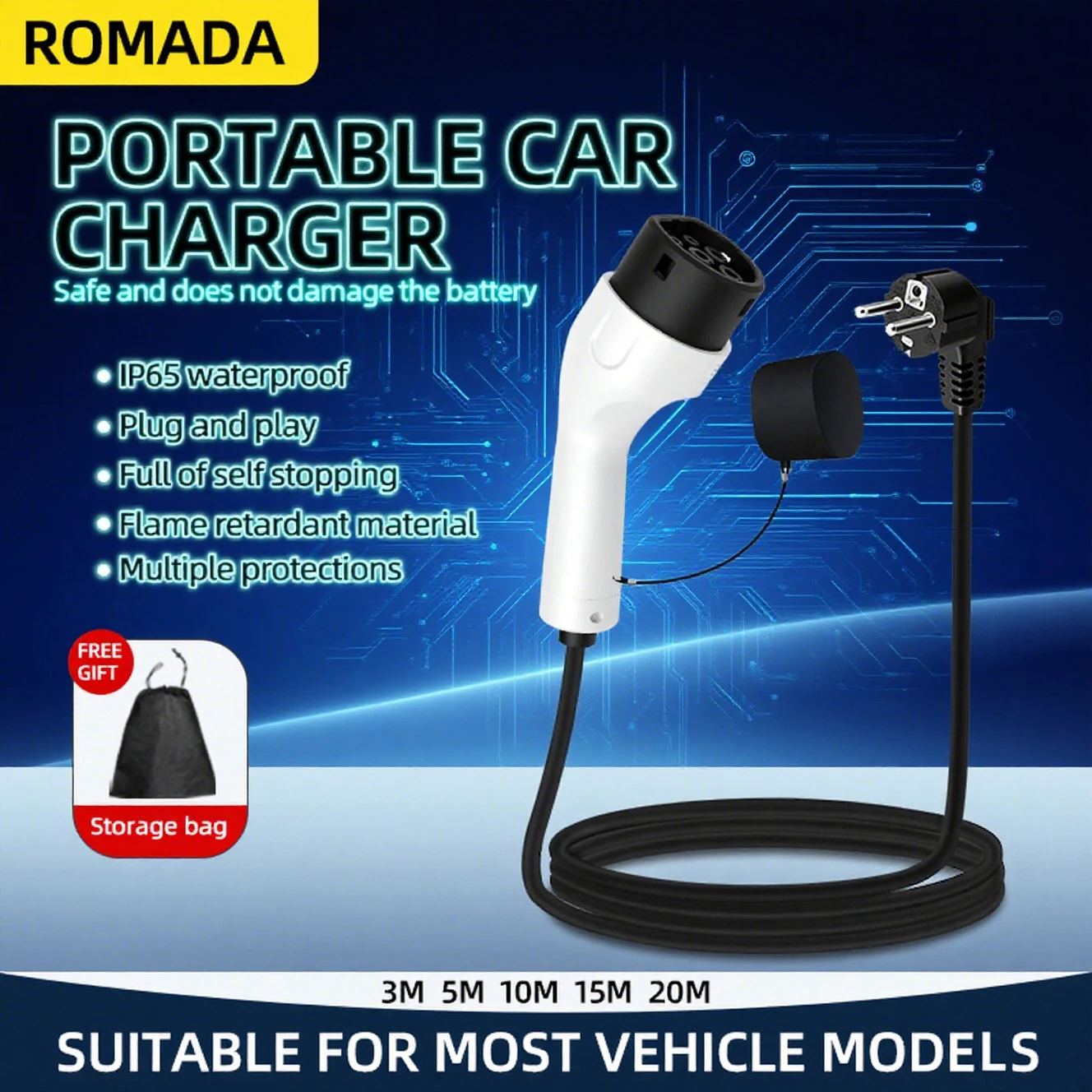 

3.5KW 16A Portable EV Charger with Type2 IEC62196 Connector EU Plug 3M-20M Cable Length Wallbox Adapter for Electric Vehicle