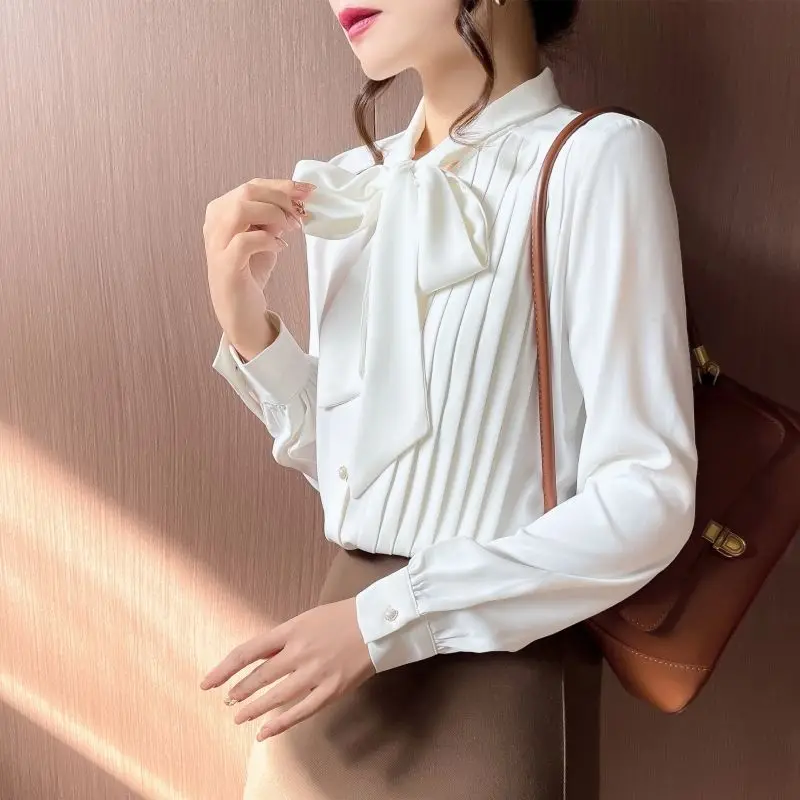 Spring Autumn New Pleated Bow Lacing Shirt Tops Long Sleeve Solid Color Loose Office Blouse Temperament Fashion Women Clothing