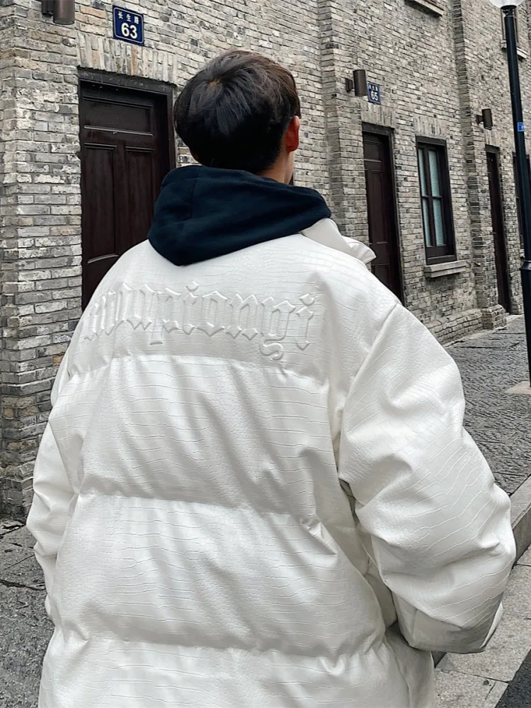 

Thiened down Cotton Jaet for Men Winter Warm PU Leather Jaet American Sle High Street Trendy Brand Youth Casual Coat