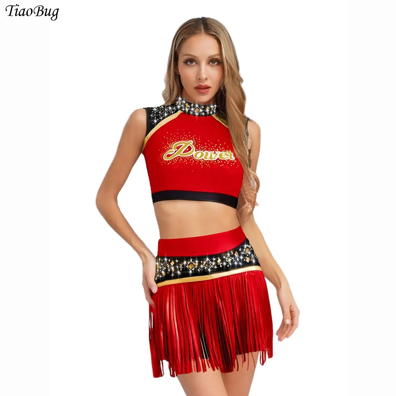 

Women Cheerleading Uniform High Schoolgirls Cheerleader Dance Costumes Shiny Rhinestone Tank Top+Tassels Skirts Shorts 2Pcs/Sets