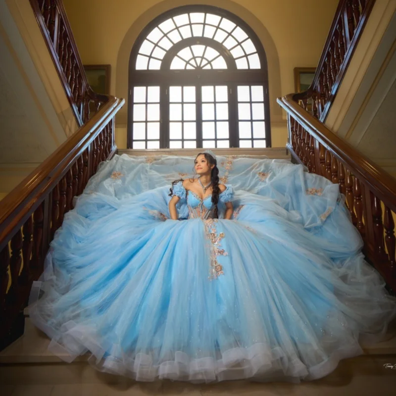 

Blue Quinceanera Dress off-shoulder Glitter Crystal 3D Flower Lace Decal Long tail Big Bow vestidos de 15 Quinceanera ﻿
