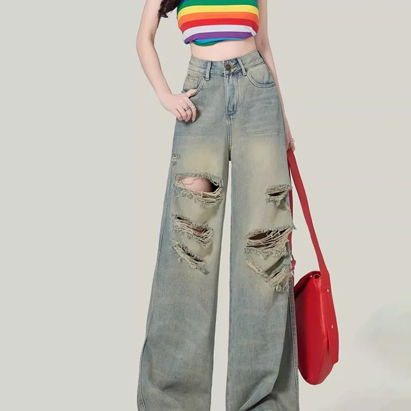 Calça Jeans rasgada de cintura alta feminina, calças largas, soltas, emagrecedoras, retrô, rua alta, novo design, primavera, verão, 2022