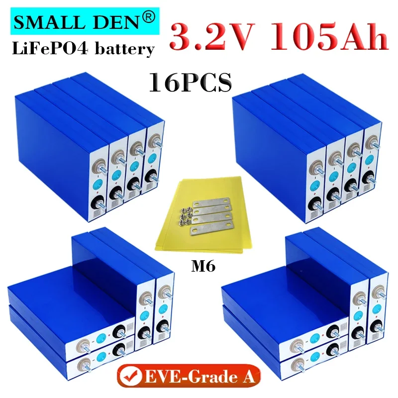 

16PCS New 3.2V 105Ah Lifepo4 battery Grade A DIY 12v 24v 48v E-boat RV Inverter Home Solar storage Wind energy Lithium Iron Cell