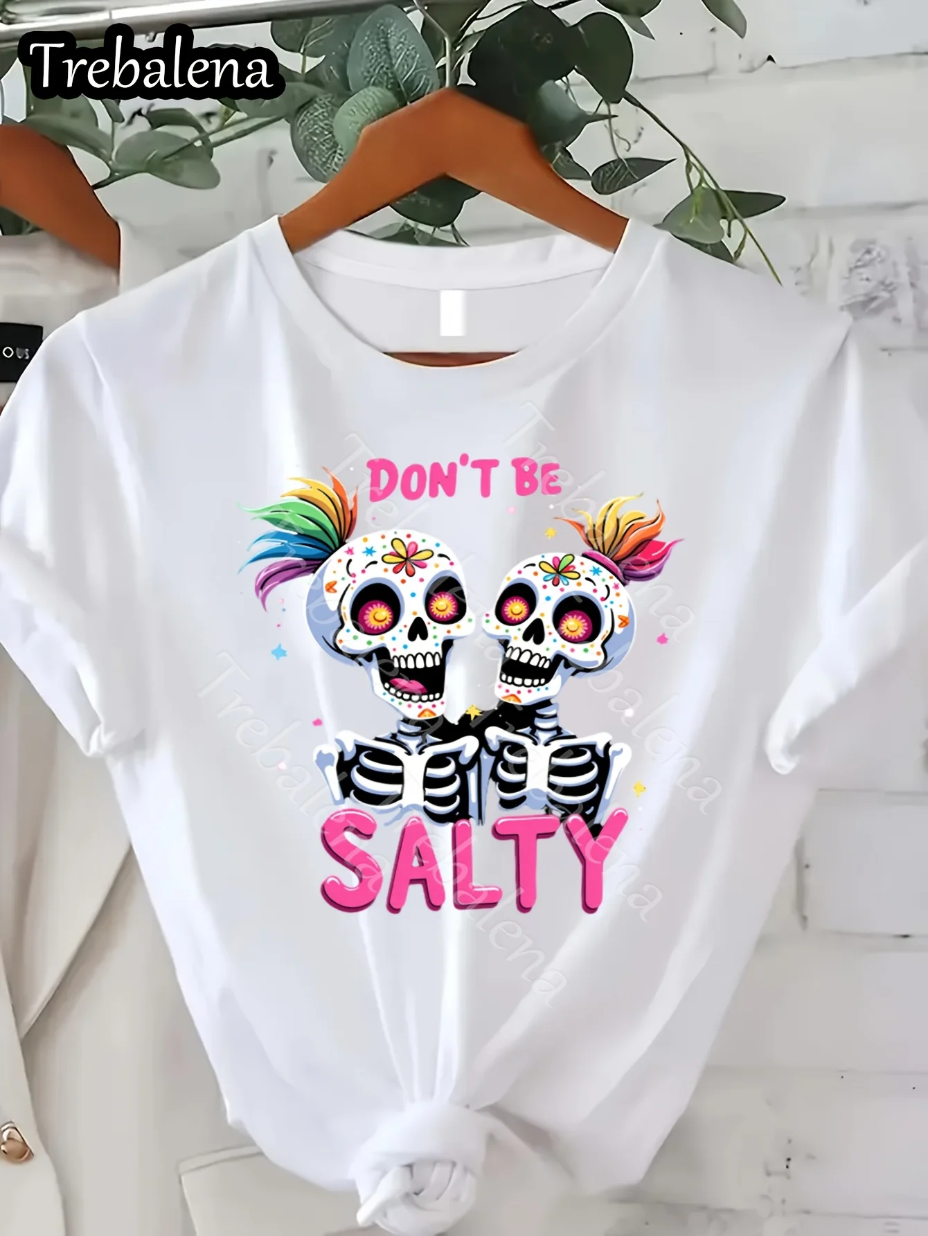 

Women's Casual Crew Neck T-Shirt - Colorful Sugar Skull & "Don't Be Salty" Slogan Graphic, Soft Polyester, Regular Fit