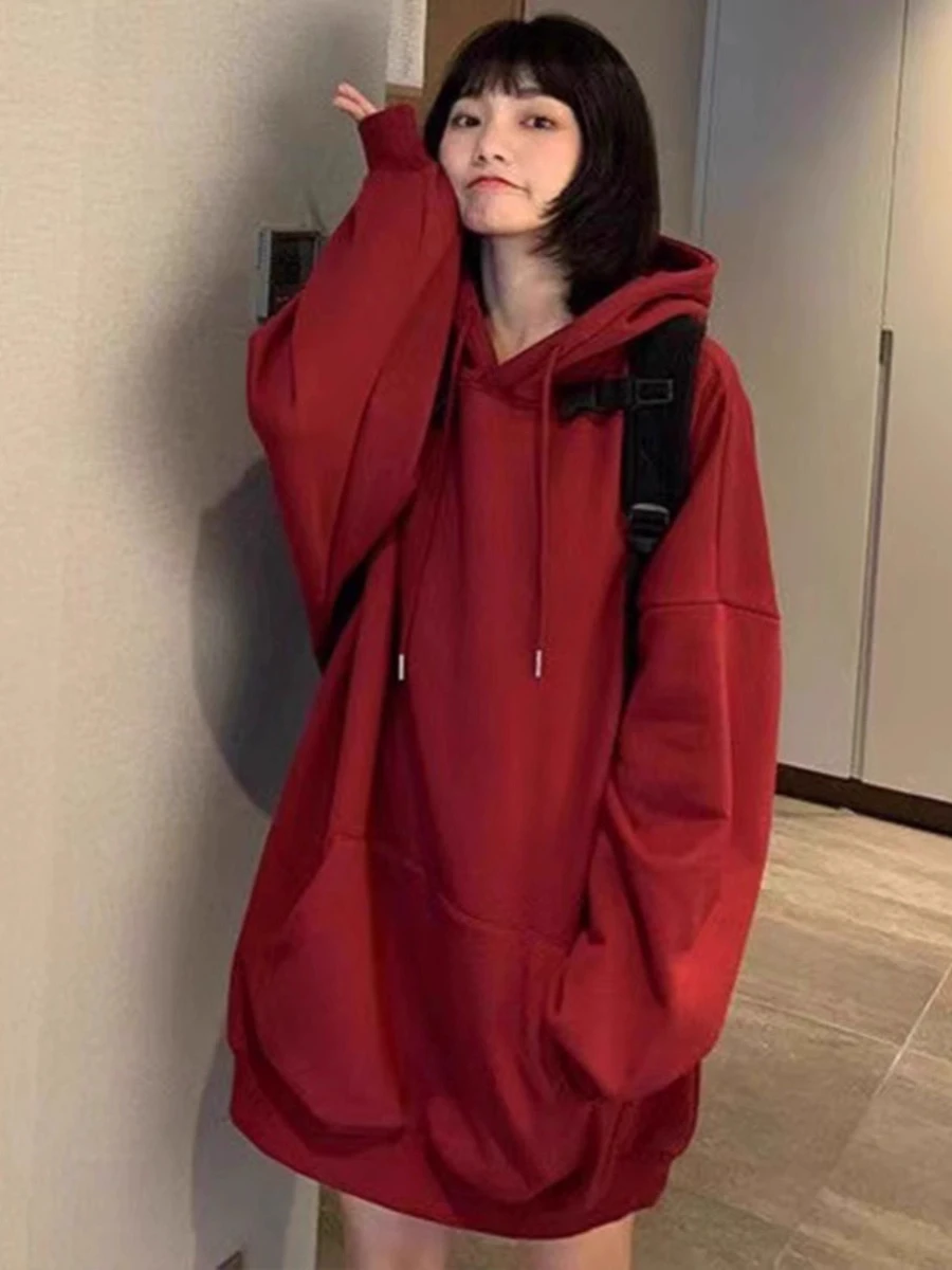 

plus Size 300 Pounds Retro Hong Kong Style Hoodie Women's Autumn Winter Mid-Length Loose Thickened Fleece-Lined Hoodie Jacket
